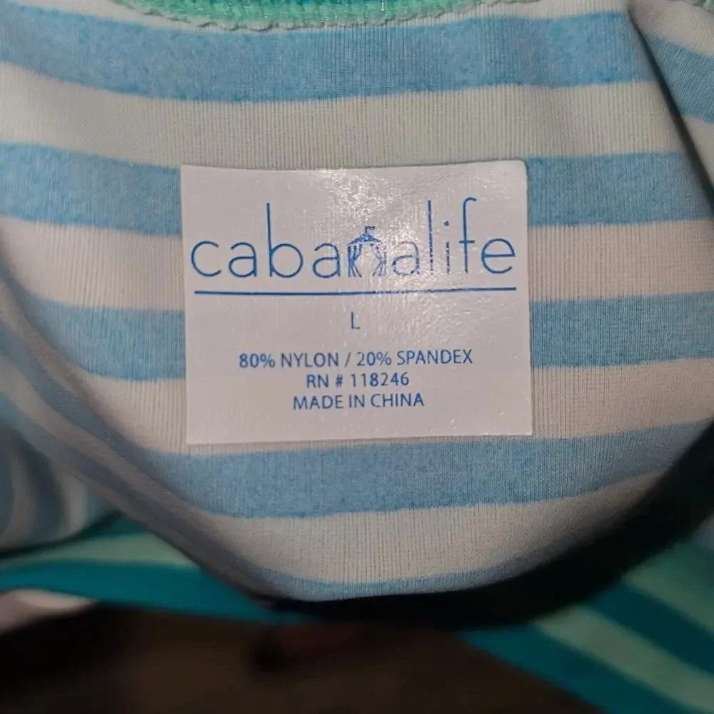 NWOT‎ Cabana Life Green White Striped Zipper Rashguard Long Sleeve Shirt Large